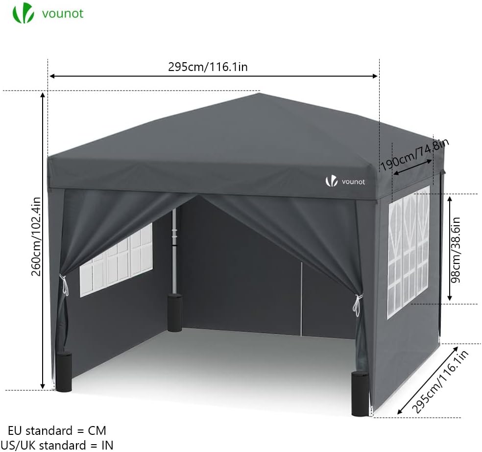 VOUNOT 3m x 3m Pop Up Gazebo with Sides & 4 Weight Bags & Carry Bag