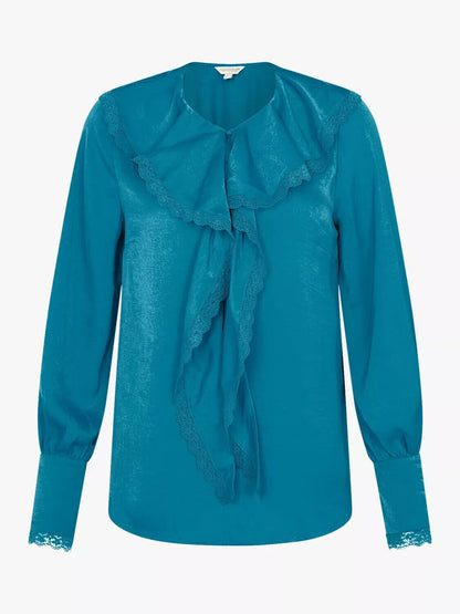 Monsoon Quinn ruffle satin long sleeve blouse Aqua M
