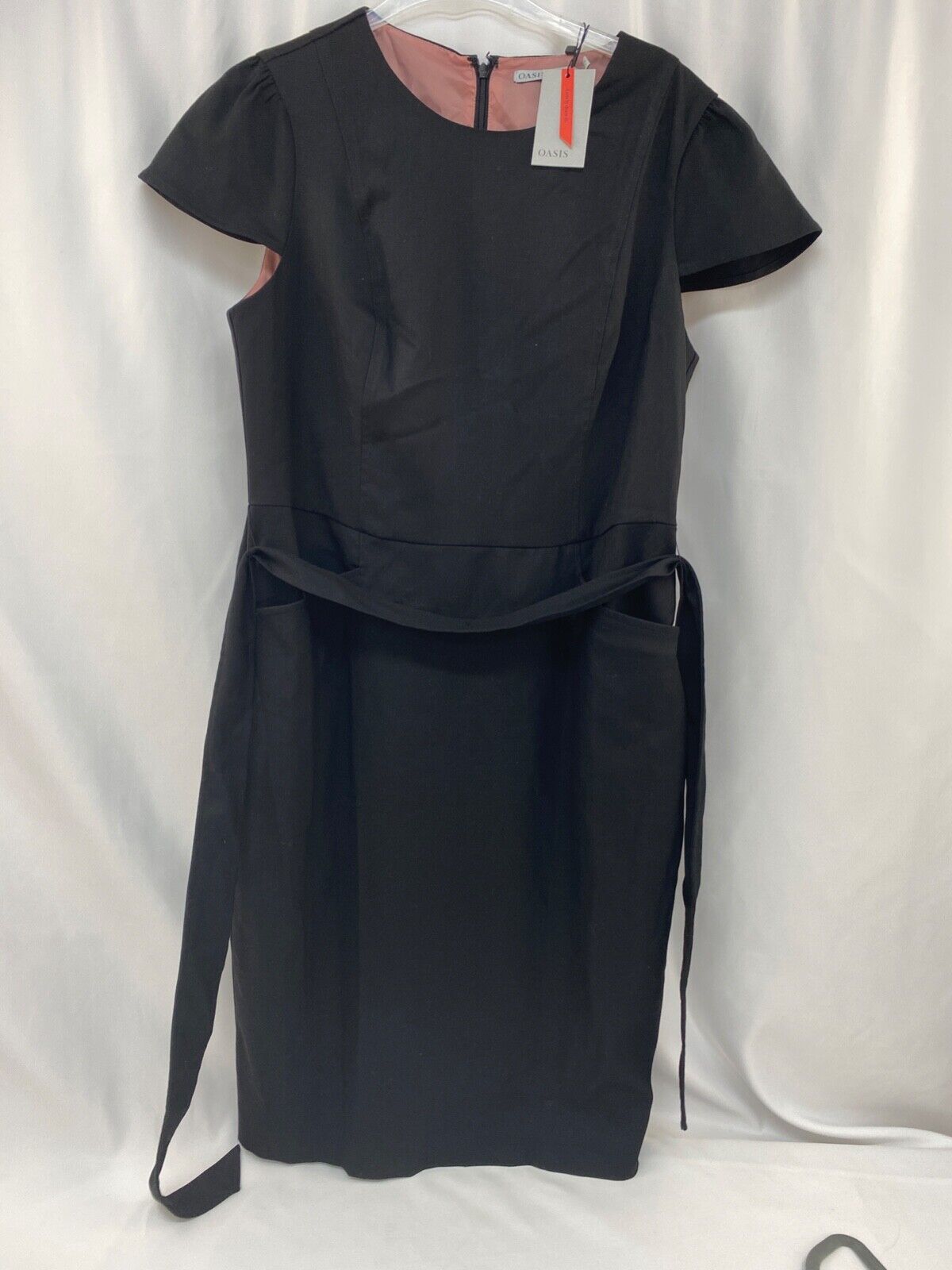 OASIS BLACK MIDI DRESS WITH POCKETS AND BELT UK 16