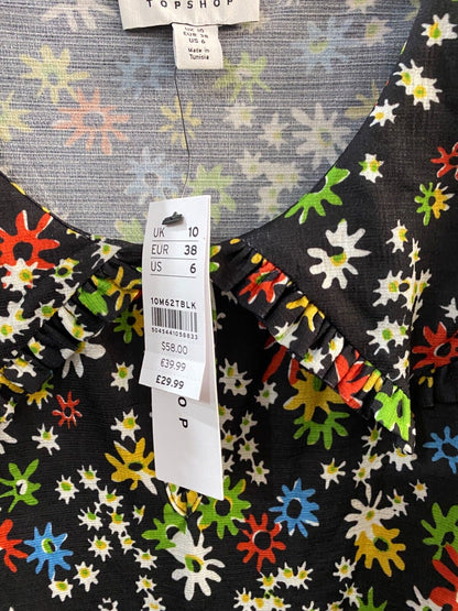 TOPSHOP Collared Tie Sleeve Mini Dress In Black Floral UK 10