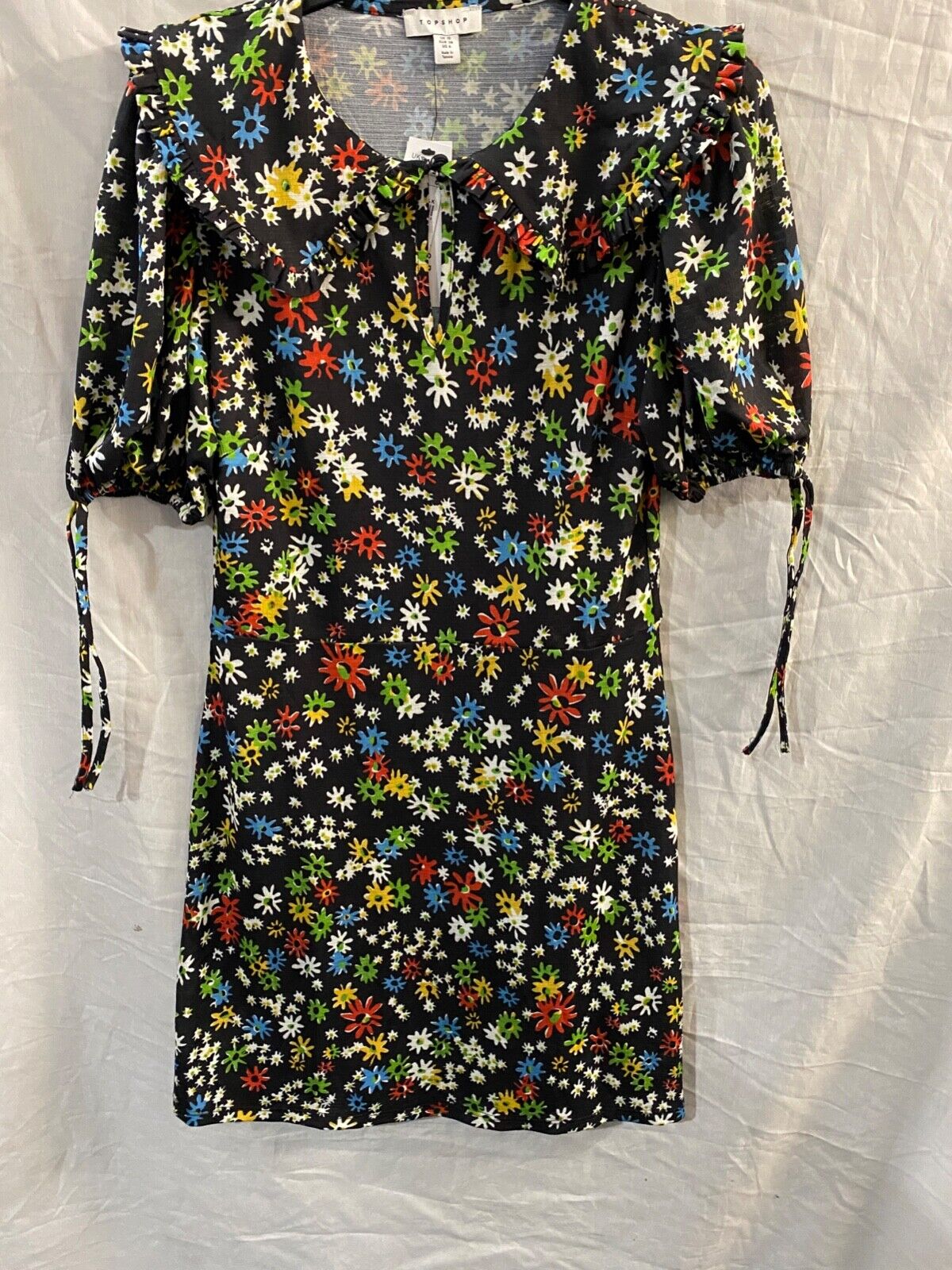 TOPSHOP Collared Tie Sleeve Mini Dress In Black Floral UK 10