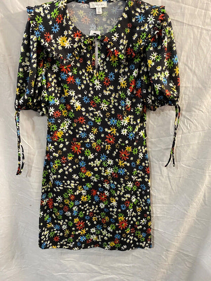 TOPSHOP Collared Tie Sleeve Mini Dress In Black Floral UK 10