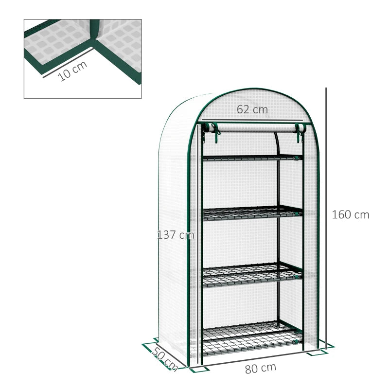 Outsunny 4 Tier Mini Greenhouse for Outdoor, Portable Gardening Plant Green House with Storage Shelf, Roll-Up Zipped Door, Metal Frame and PE Cover, 80 x 49 x 160cm