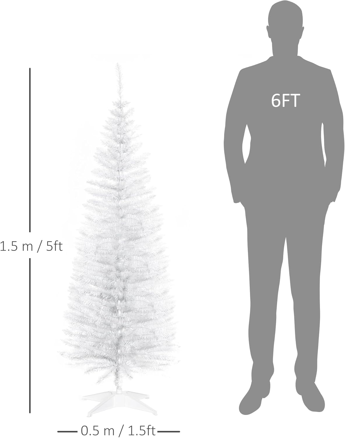 HOMCOM 5ft Unlit Artificial Christmas Tree, Pencil Slim Xmas Tree with Solid Stand and Realistic Branches, White