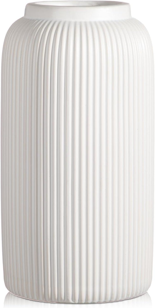 Arborus Ceramic Vase 24 cm Tall White Vases Ceramic Matt Round Ribbed Flowers Vase
