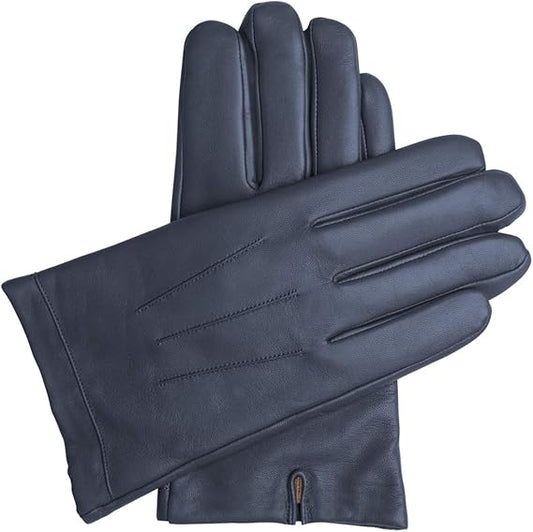 Downholme Classic Leather Cashmere Lined Gloves for Men-NAVY-MEDIUM