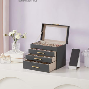 SONGMICS Jewellery Box with Glass Lid, 4-Layer Jewellery Storage Organiser with 3 Drawers