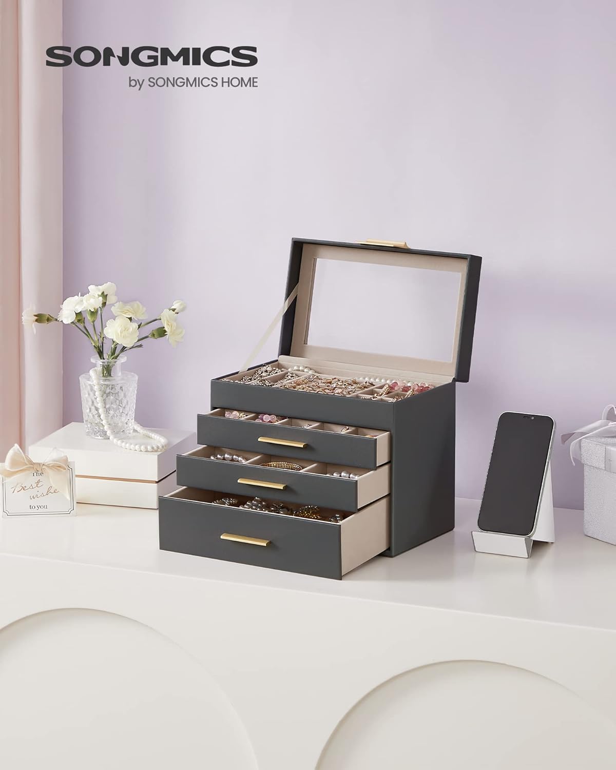 SONGMICS Jewellery Box with Glass Lid, 4-Layer Jewellery Storage Organiser with 3 Drawers