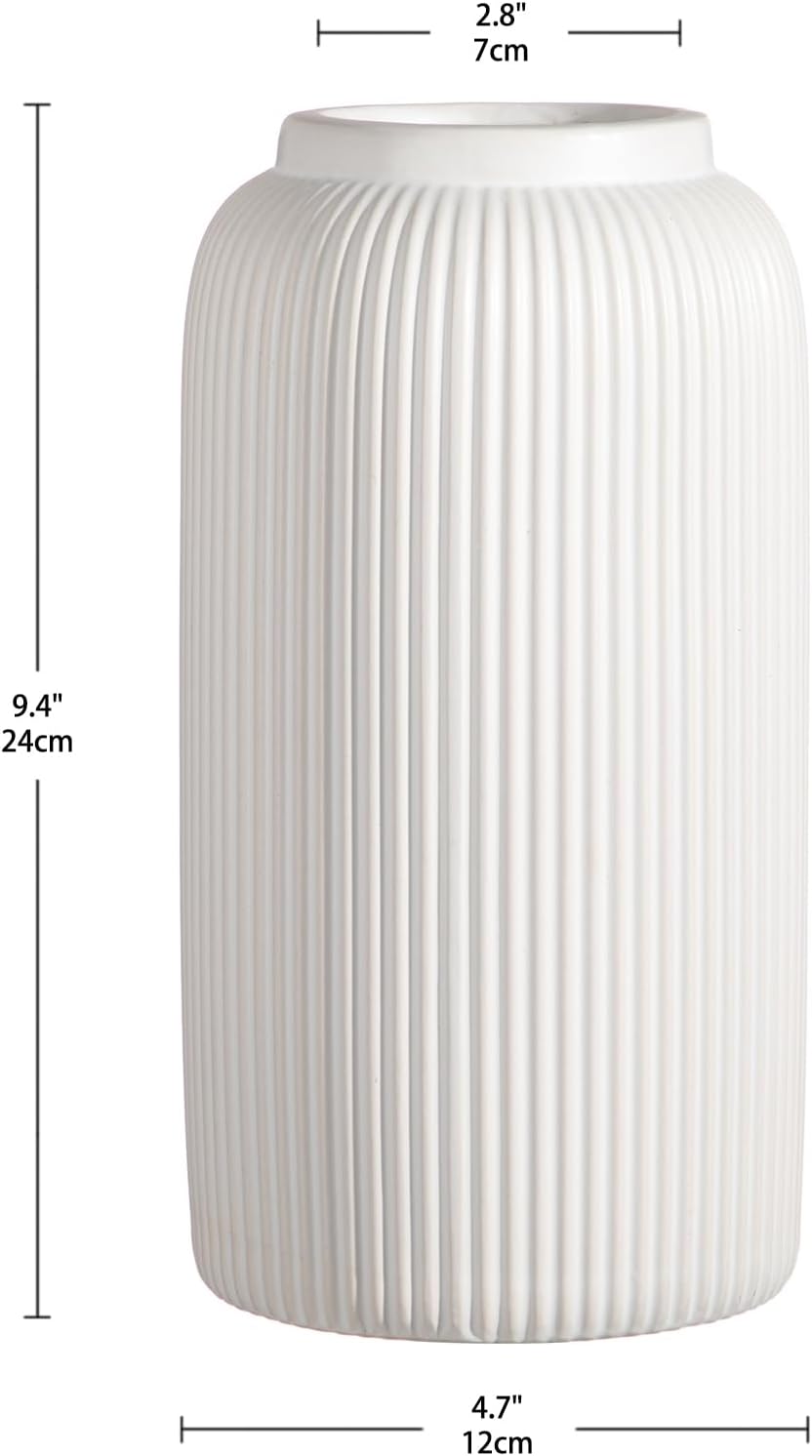 Arborus Ceramic Vase 24 cm Tall White Vases Ceramic Matt Round Ribbed Flowers Vase