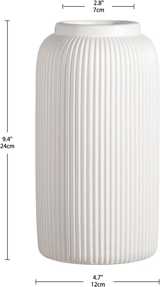 Arborus Ceramic Vase 24 cm Tall White Vases Ceramic Matt Round Ribbed Flowers Vase