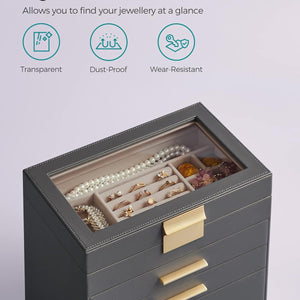 SONGMICS Jewellery Box with Glass Lid, 4-Layer Jewellery Storage Organiser with 3 Drawers