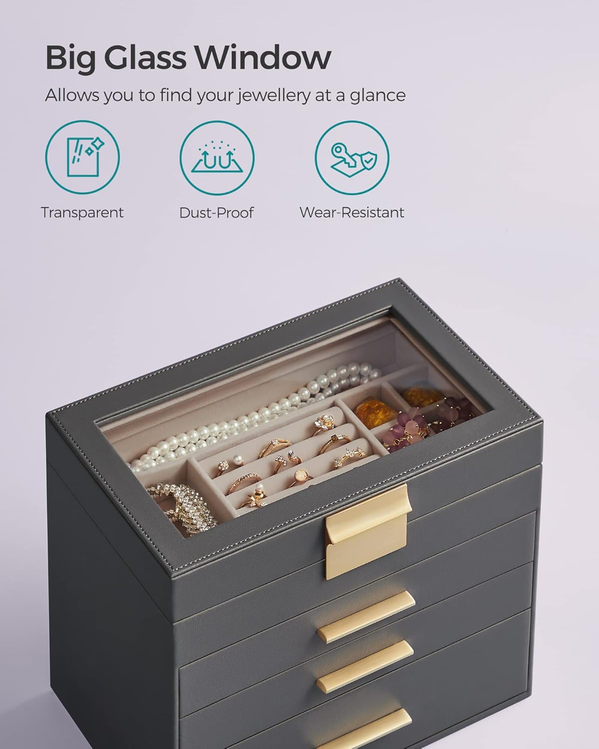 SONGMICS Jewellery Box with Glass Lid, 4-Layer Jewellery Storage Organiser with 3 Drawers