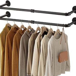 unho Industrial Pipe Metal Clothes Rail: Set of 2 Wall Mounted, Black, 92 x 25 x 8.5 cm