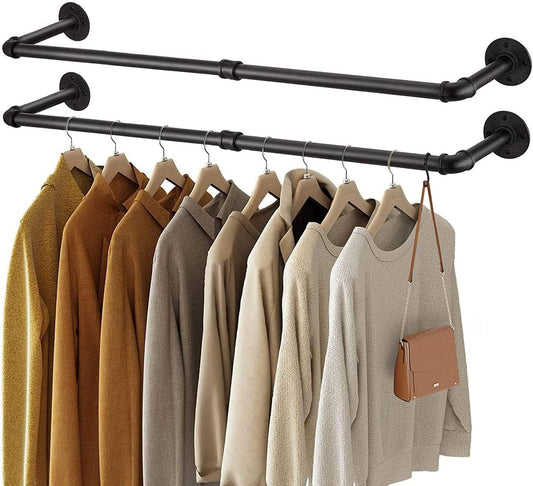 unho Industrial Pipe Metal Clothes Rail: Set of 2 Wall Mounted, Black, 92 x 25 x 8.5 cm
