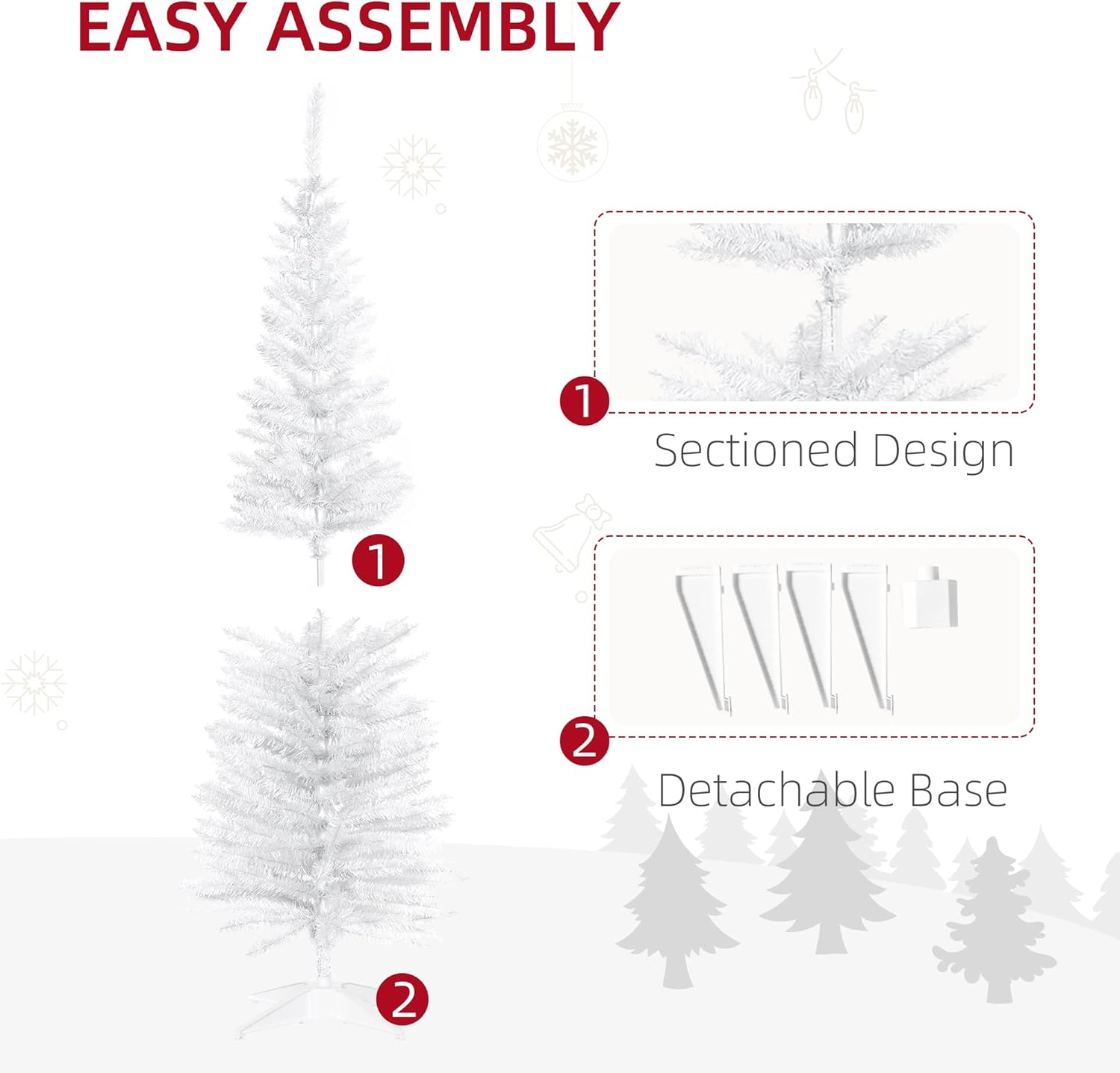 HOMCOM 5ft Unlit Artificial Christmas Tree, Pencil Slim Xmas Tree with Solid Stand and Realistic Branches, White