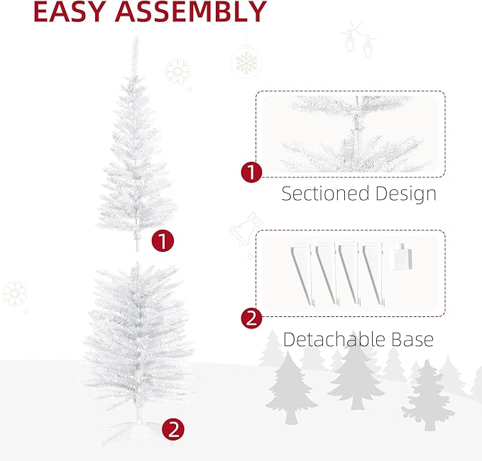 HOMCOM 5ft Unlit Artificial Christmas Tree, Pencil Slim Xmas Tree with Solid Stand and Realistic Branches, White