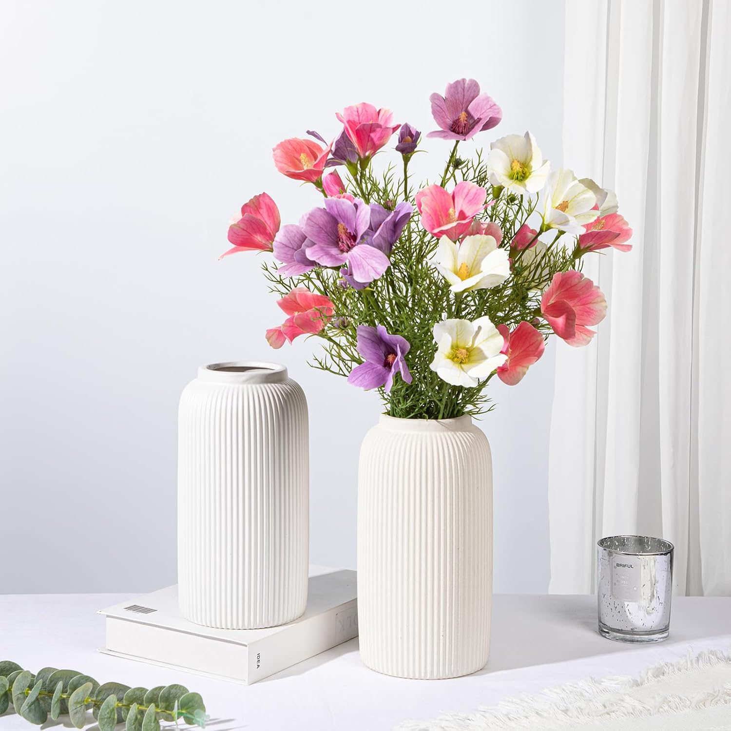 Arborus Ceramic Vase 24 cm Tall White Vases Ceramic Matt Round Ribbed Flowers Vase