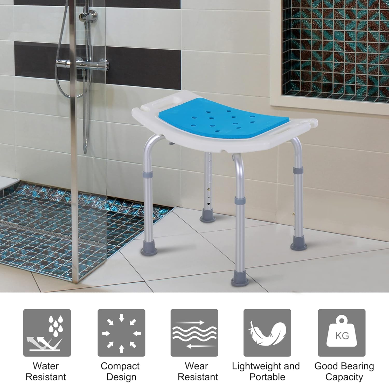 HOMCOM Shower Chair, Adjustable Height Shower Stool
