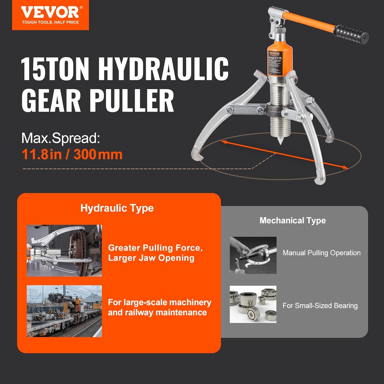 VEVOR Hydraulic Gear Puller, 15 Ton Max Capacity Wheel Bearing Pulling Separator