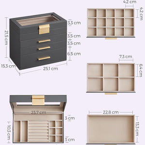 SONGMICS Jewellery Box with Glass Lid, 4-Layer Jewellery Storage Organiser with 3 Drawers
