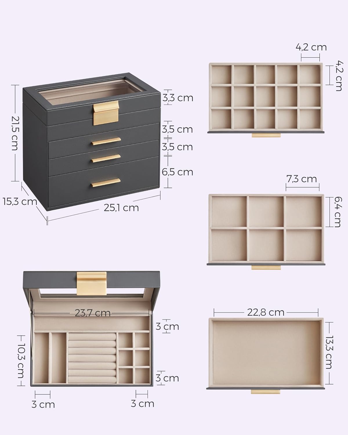 SONGMICS Jewellery Box with Glass Lid, 4-Layer Jewellery Storage Organiser with 3 Drawers