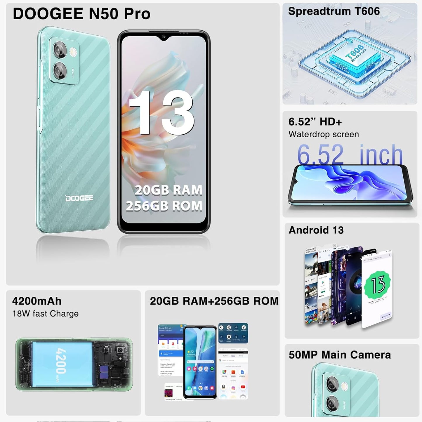 DOOGEE Android Phones, N50 Pro 20GB+256GB MINT GREEN