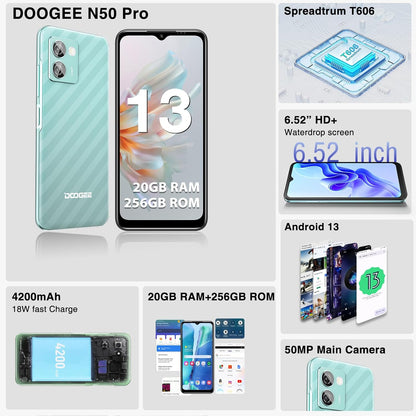 DOOGEE Android Phones, N50 Pro 20GB+256GB MINT GREEN