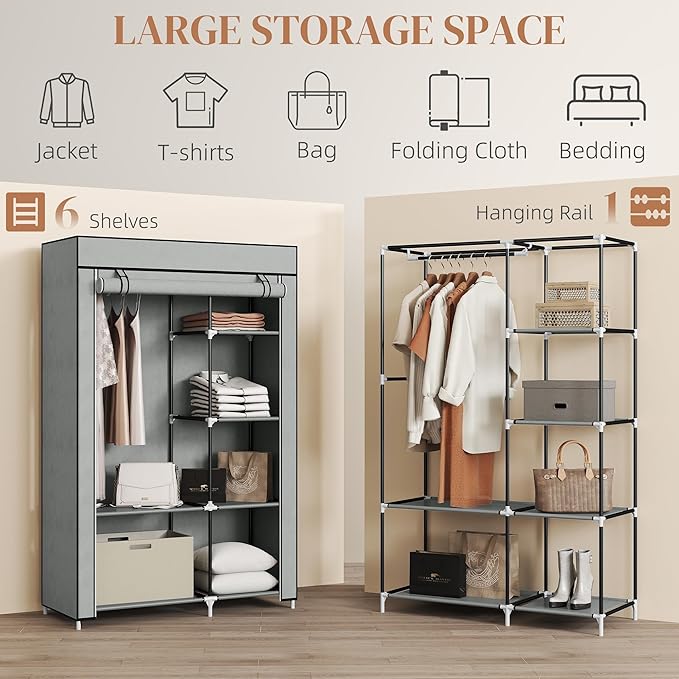 HOMCOM Fabric Wardrobe, Portable Wardrobe with 6 Shelves