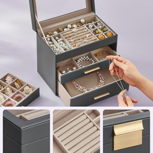SONGMICS Jewellery Box with Glass Lid, 4-Layer Jewellery Storage Organiser with 3 Drawers