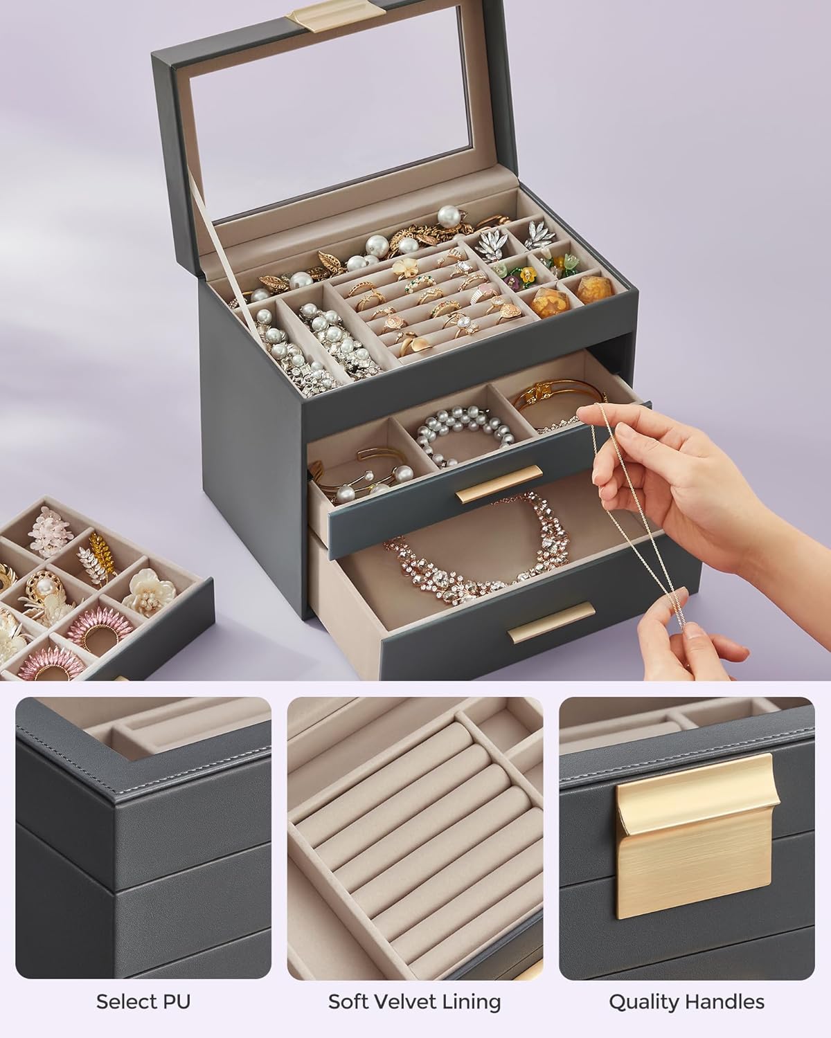 SONGMICS Jewellery Box with Glass Lid, 4-Layer Jewellery Storage Organiser with 3 Drawers