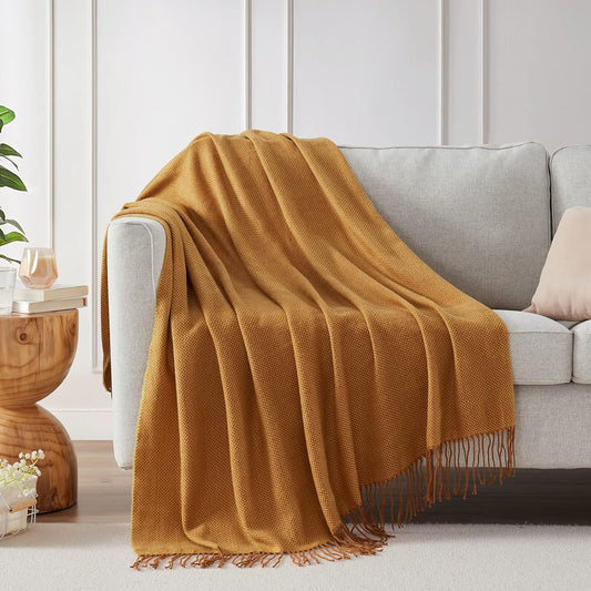 BOURINA Herringbone Throw Blanket Two Tone-125 x 152cm,Gold