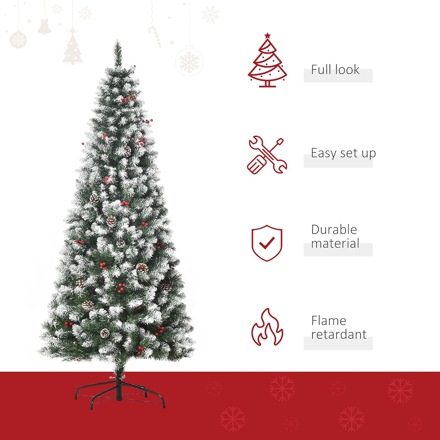 HOMCOM 6FT Artificial Christmas Tree Xmas Pencil Tree with Red Berries and Pinecones Holiday Home Indoor Decoration with Foldable Feet, Green