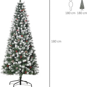 HOMCOM 6FT Artificial Christmas Tree Xmas Pencil Tree with Red Berries and Pinecones Holiday Home Indoor Decoration with Foldable Feet, Green