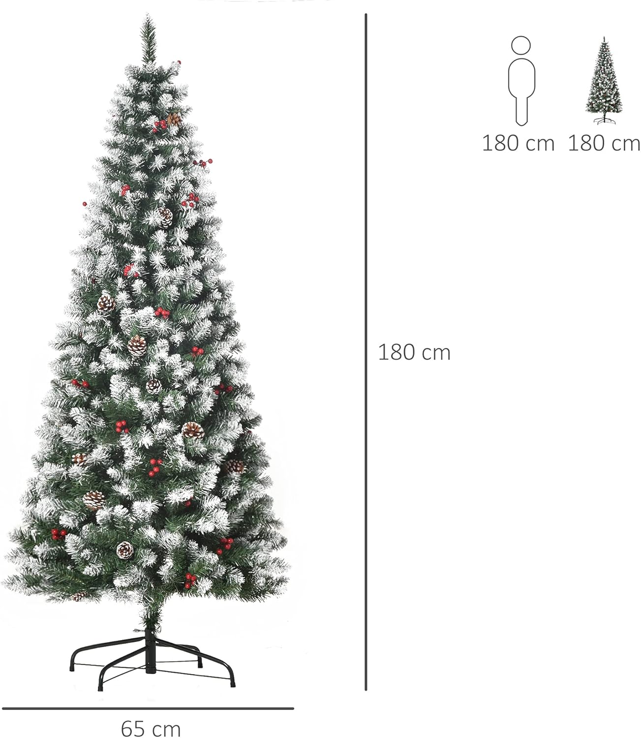 HOMCOM 6FT Artificial Christmas Tree Xmas Pencil Tree with Red Berries and Pinecones Holiday Home Indoor Decoration with Foldable Feet, Green