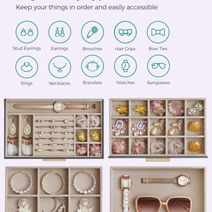 SONGMICS Jewellery Box with Glass Lid, 4-Layer Jewellery Storage Organiser with 3 Drawers