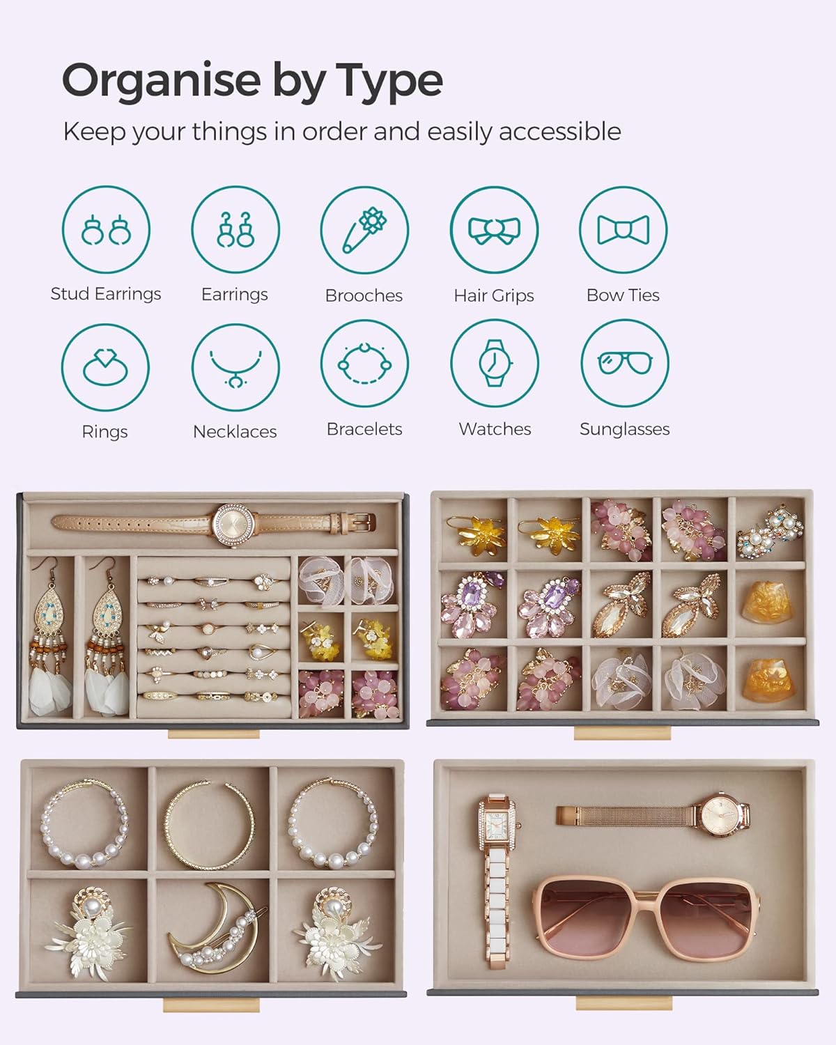 SONGMICS Jewellery Box with Glass Lid, 4-Layer Jewellery Storage Organiser with 3 Drawers