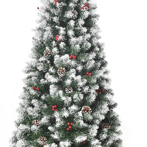 HOMCOM 6FT Artificial Christmas Tree Xmas Pencil Tree with Red Berries and Pinecones Holiday Home Indoor Decoration with Foldable Feet, Green
