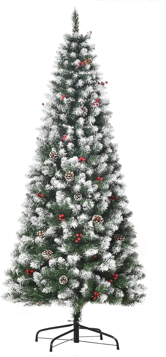 HOMCOM 6FT Artificial Christmas Tree Xmas Pencil Tree with Red Berries and Pinecones Holiday Home Indoor Decoration with Foldable Feet, Green