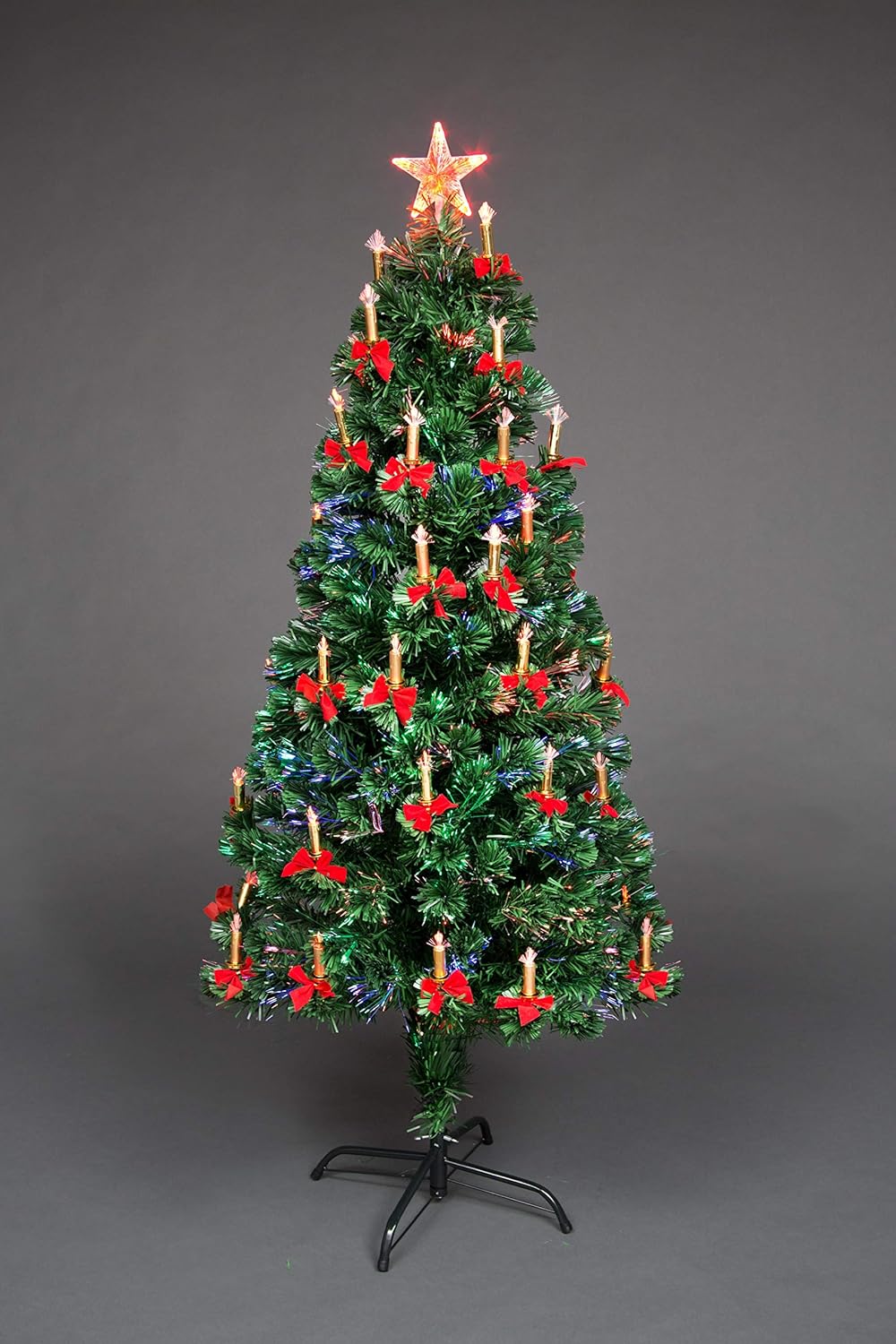 SHATCHI 5Ft/150cm Fibre Optic Christmas Star Topper-LED Candle & Bow Decorations-Pre-Lit Green Artificial Xmas Tree-Multicolor Changing Lights, PVC, 150 cm