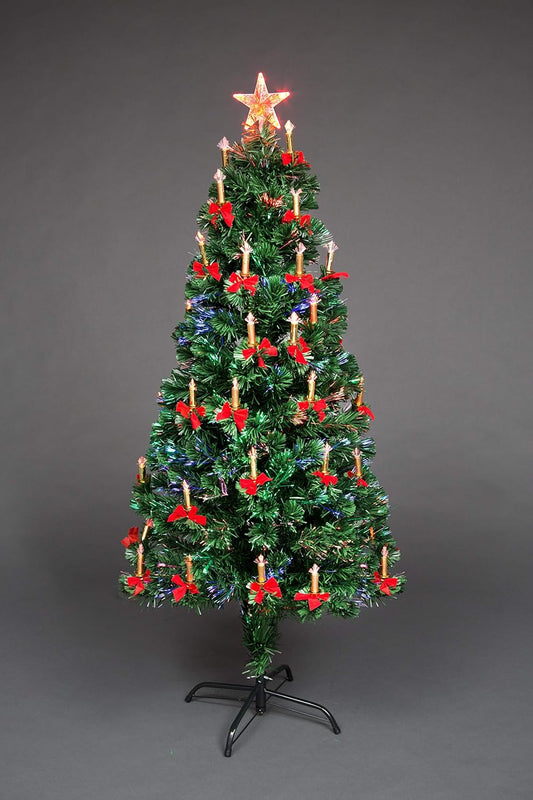 SHATCHI 5Ft/150cm Fibre Optic Christmas Star Topper-LED Candle & Bow Decorations-Pre-Lit Green Artificial Xmas Tree-Multicolor Changing Lights, PVC, 150 cm