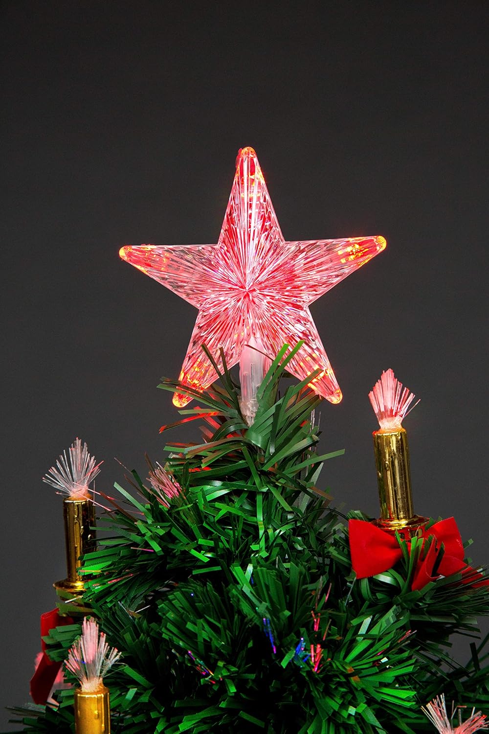 SHATCHI 5Ft/150cm Fibre Optic Christmas Star Topper-LED Candle & Bow Decorations-Pre-Lit Green Artificial Xmas Tree-Multicolor Changing Lights, PVC, 150 cm