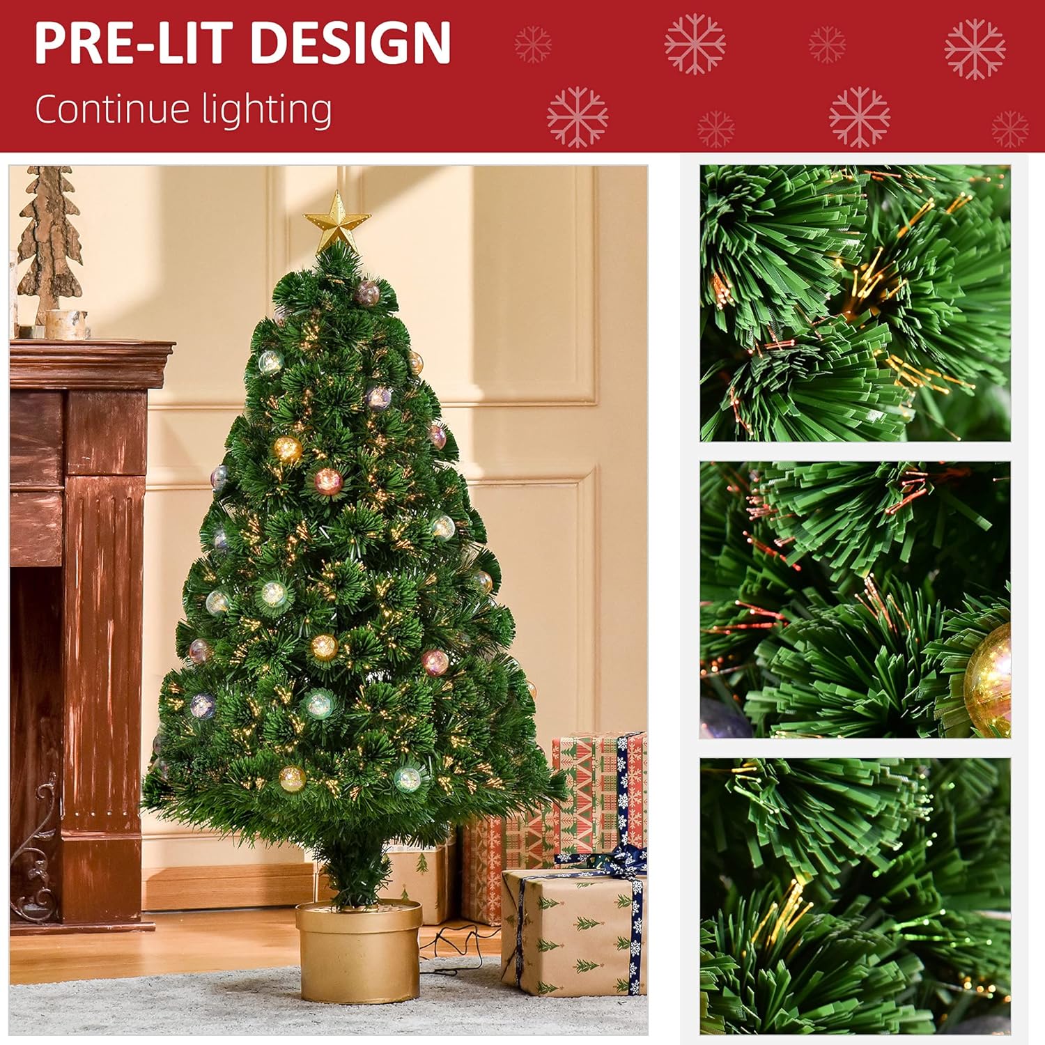 HOMCOM 4FT Prelit Artificial Christmas Tree with Fibre Optics, Baubles Decoration, Golden Pot for Holiday, Home - Green