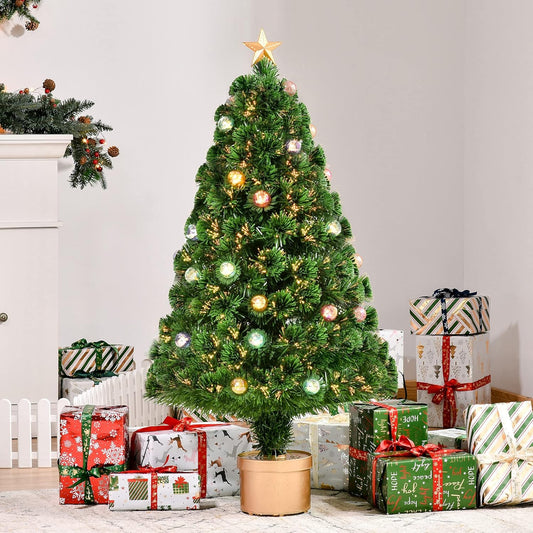 HOMCOM 4FT Prelit Artificial Christmas Tree with Fibre Optics, Baubles Decoration, Golden Pot for Holiday, Home - Green