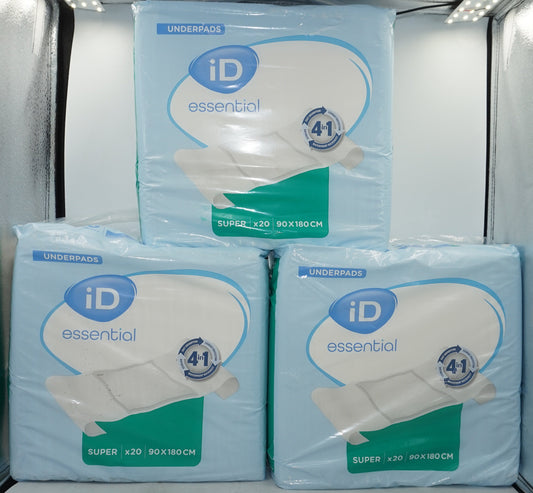 Pack of 3 iD essential pack of 20 underpads super size 90X180CM