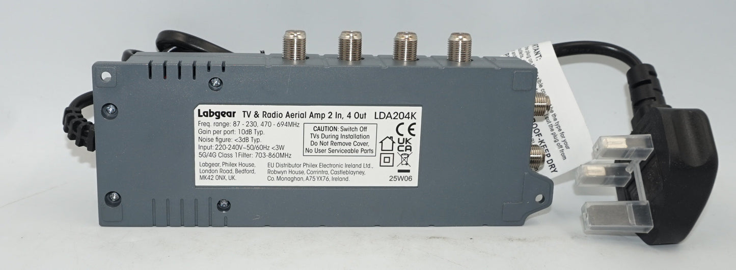 Labgear TV and Radio aerial amp 2 in 4 out, 5G filter, mains powered LDA204K