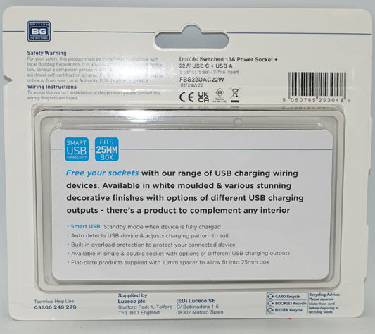 British general screwless flatplate double switched 13A power socket + 22W USB C + USB A