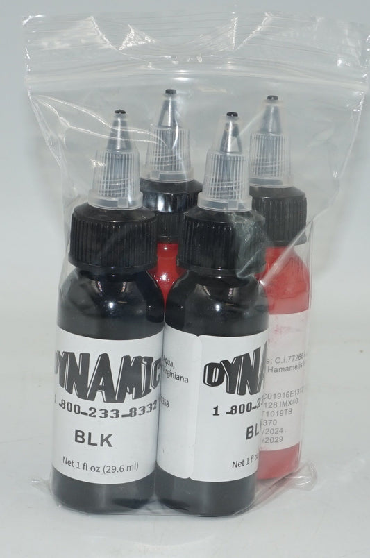 Pack of 4 Dynamic 2 red RD-1 and 2 black tattoo ink 4x29.6ml