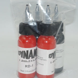 Pack of 4 Dynamic 2 red RD-1 and 2 black tattoo ink 4x29.6ml