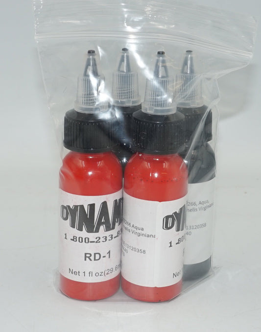 Pack of 4 Dynamic 2 red RD-1 and 2 black tattoo ink 4x29.6ml