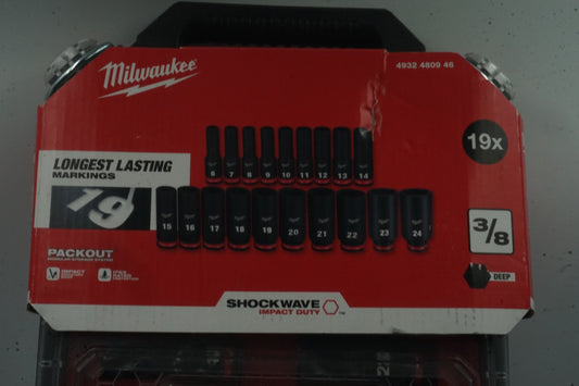 Set of 19 Milwaukee deep 3/8" shockwave impact duty socket set 6-24mm 4932480946